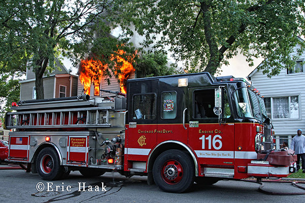Chicago fire engine 116 in front of burning building