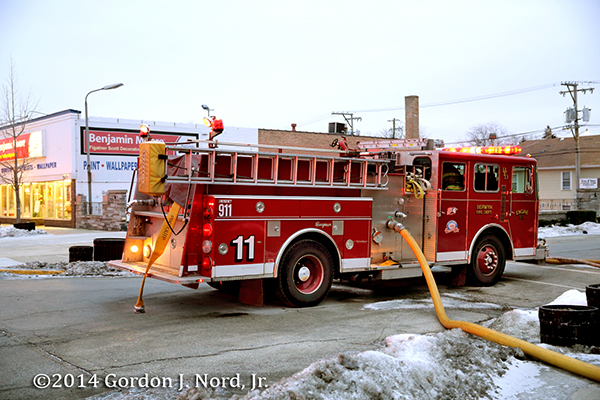 old Seagrave fire engine at winter fire scene