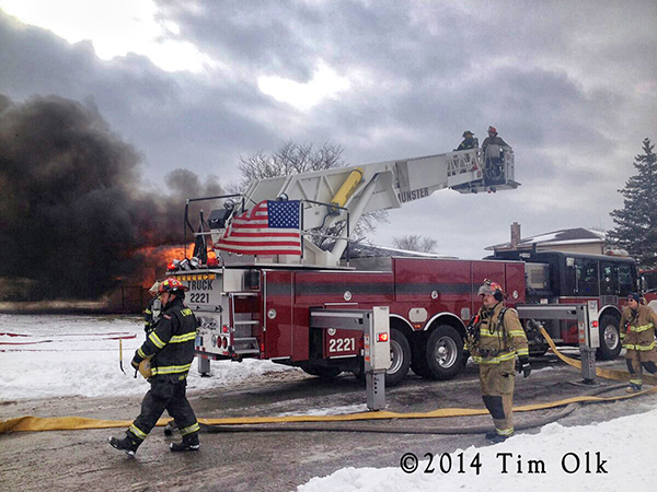 American LaFrance LTI tower ladder at fire scene