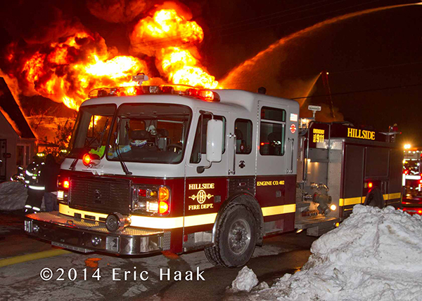 American LaFrance fire engine at night fire scene