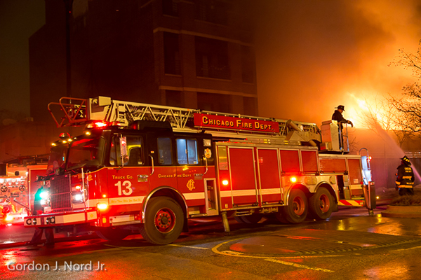 Chicago fire scene at night