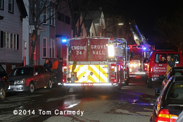 Boston fire trucks at night fire scene