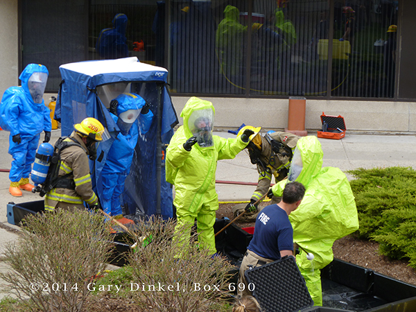 firefighters decon in Level A suits