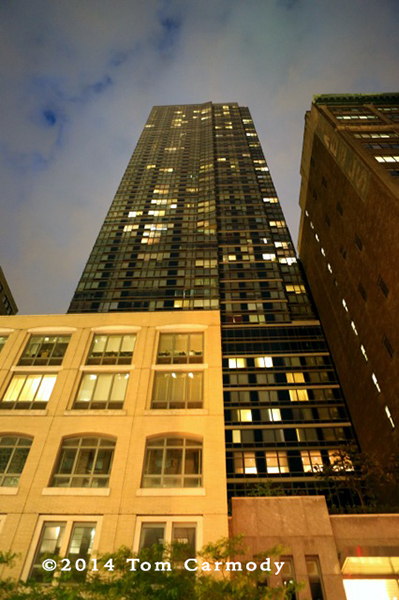 NYC high-rise building at night