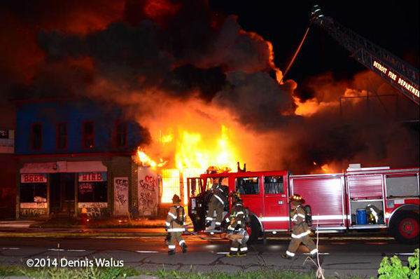 commercial fire at night in Detroit