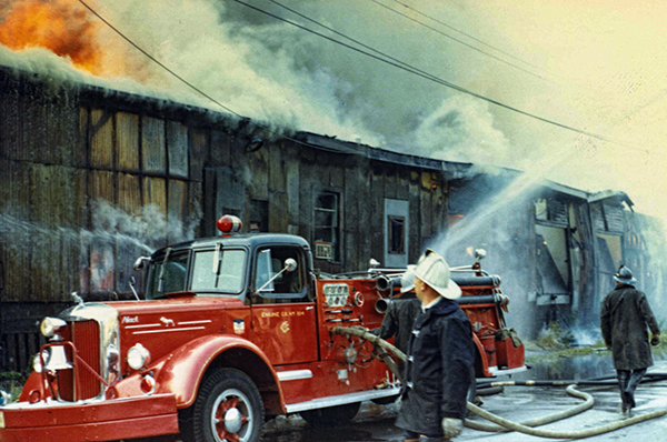 old Chicago fire scene photo with Mack L Series engine