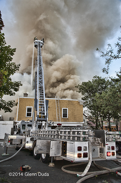 Sutphen tower working at huge fire scene
