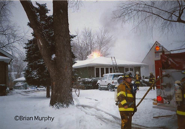 winter fire scene circa 1990