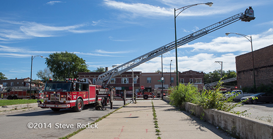 CHicago aerial ladder truck at fire scene