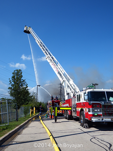 tower ladder working with elevated master stream 