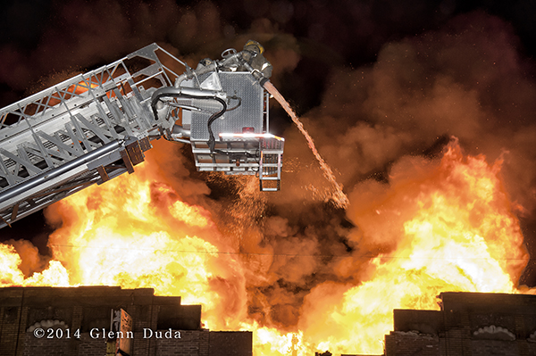 Sutphen tower ladder fighting massive fire