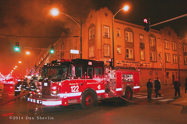 Chicago FD Engine 122 at night fire scene