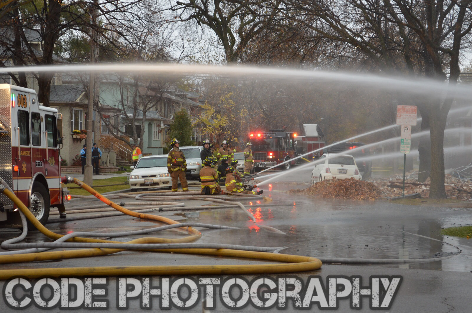 multiple hose lines working at fire scene 