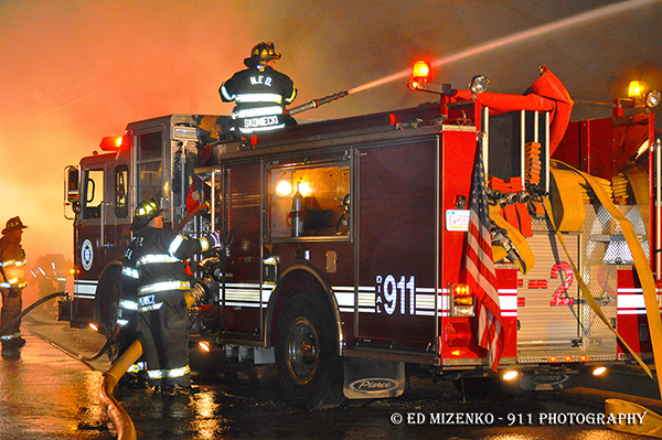nanticoke FD fire engine at a night fire scene 