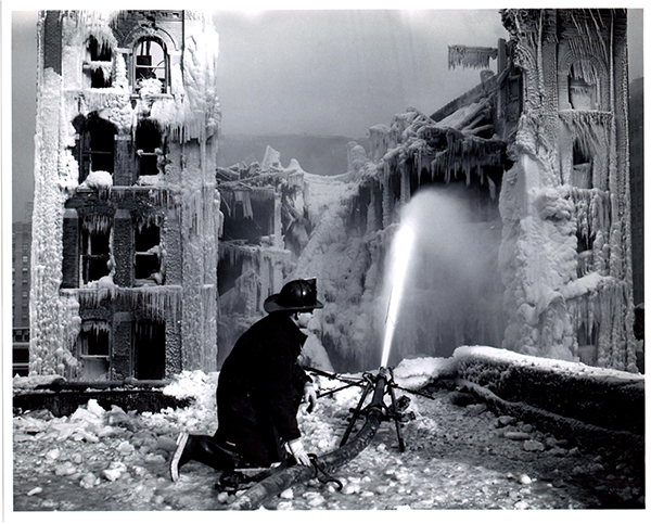 vintage winter fire scene with Chicago firefighter