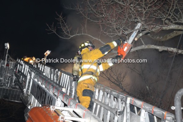 fireman on ladder cutting tree