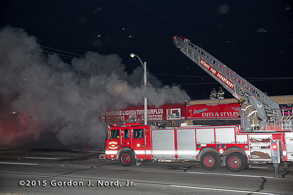 Detroit ladder truck at night fire