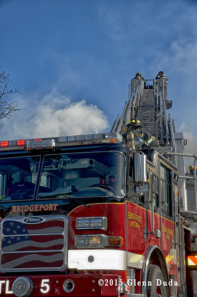 Bridgeport CT Pierce tower ladder working at fire scene