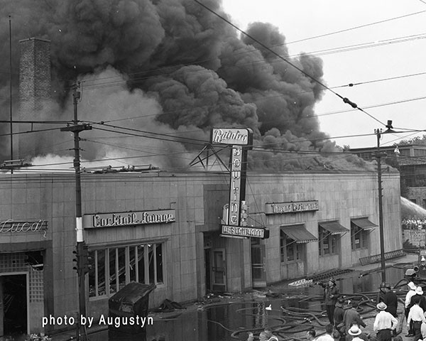 classic photo of large fire in Chicago circa 1950