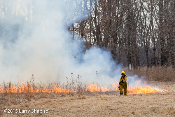 wildland firefighter at prairie burn using a drip torch