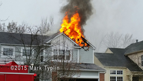 flames from roof of house on fire