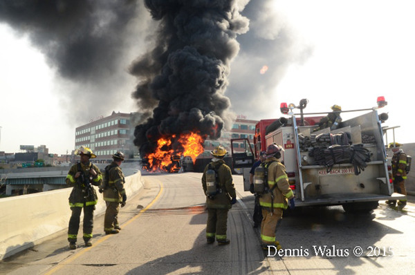 overturned tanker explodes on a highway ramp