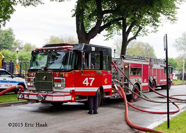 Chicago fire engine pumping at fire scene