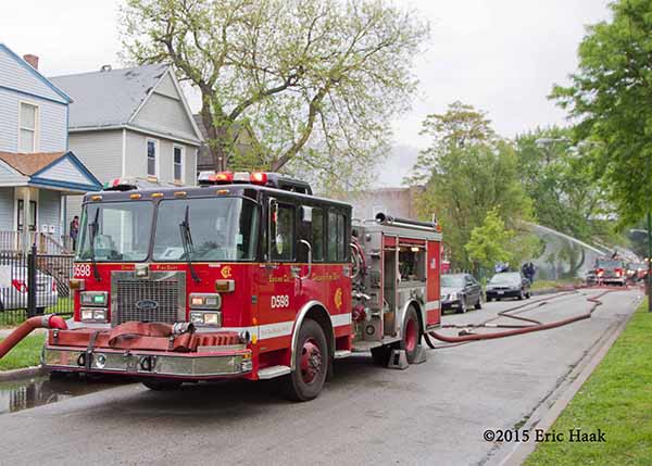 Chicago fire engine pumping at fire scene
