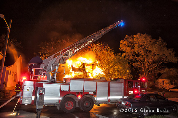 Detroit ladder truck at night fire scene
