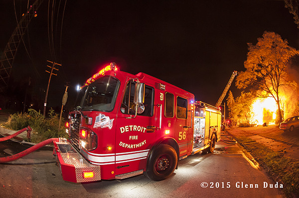Detroit fire engine at night fire scene