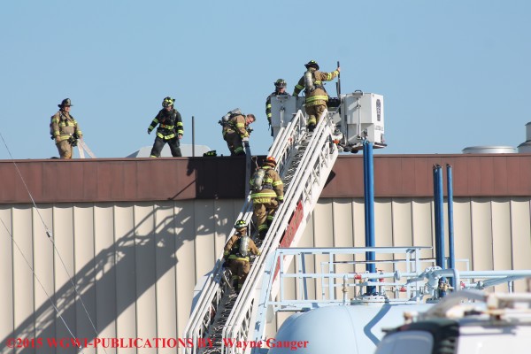 firefighters with aerial ladder at fire scene