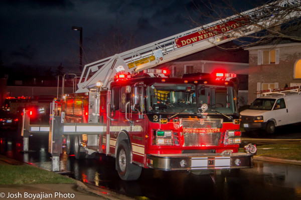 Downers Grove FD Smeal ladder truck at night fire scene