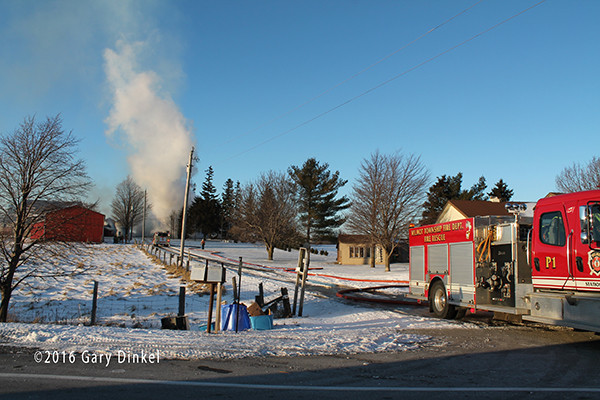 rural water supply and tanker shuttle at barn fire in Canada