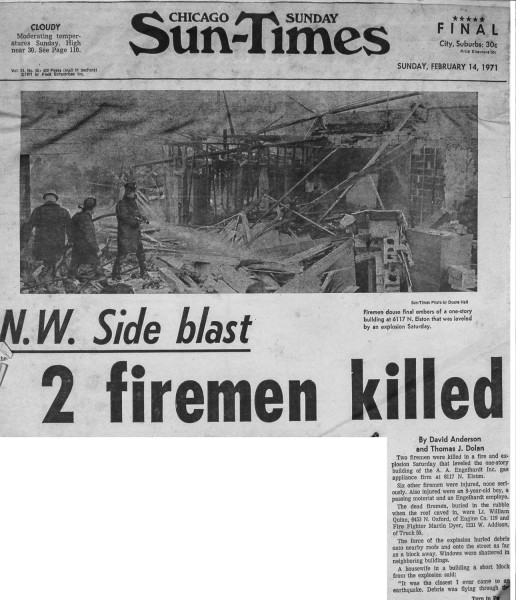 News clipping from a tragic  fire and explosion at 6117 N Elston Ave on February 13, 1971