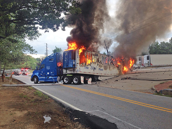 tractor-trailer on fire