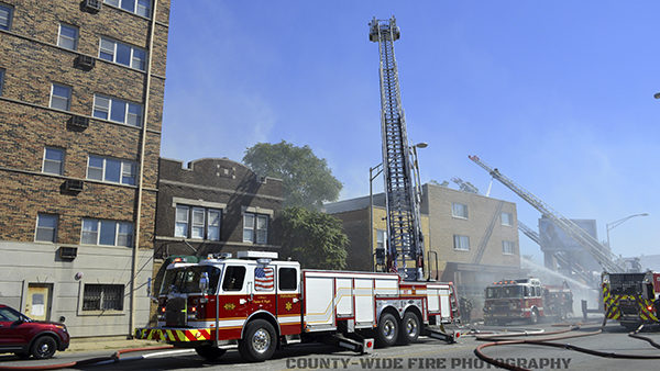 Oak Park Fire Department tower ladder at work 