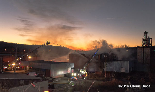 warehouse fire at dawn