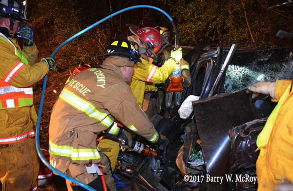 firefighters use Holmatro rescue tools to free victim from car