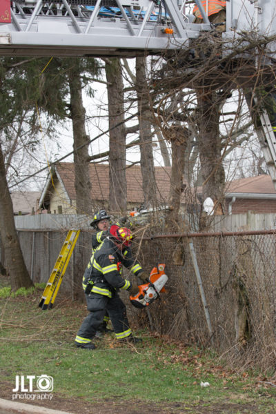 firefighters cut trees to assist with rescue