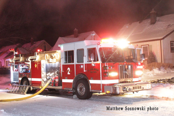Sutphen fire engine at a night fire scene