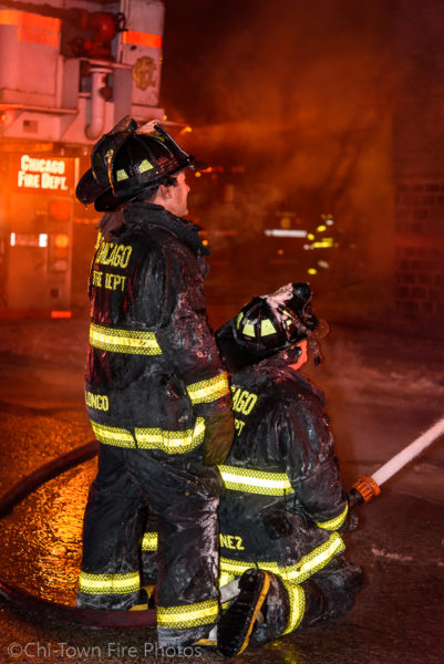 Chicago firefighters battle fire in a two-flat apartment building 1/4/18 where a firefighter fell through the floor. Chi-Town Fire Photos