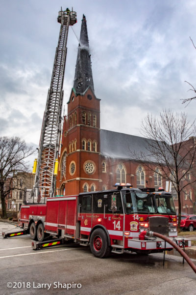 Chicago FD Tower Ladder 14 E-ONE tower ladder at church steeple fire