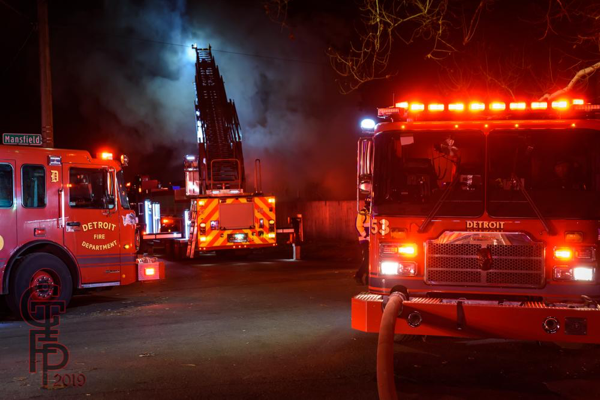 Detroit fire trucks at fire scene