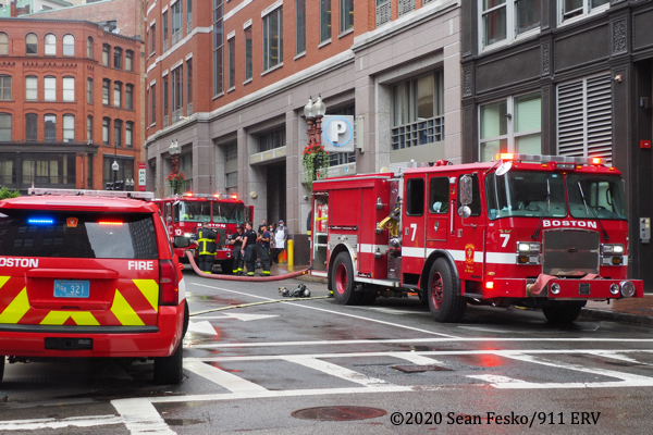 Boston Firefighters at the scene of a car fire in an underground garage 7/1/2